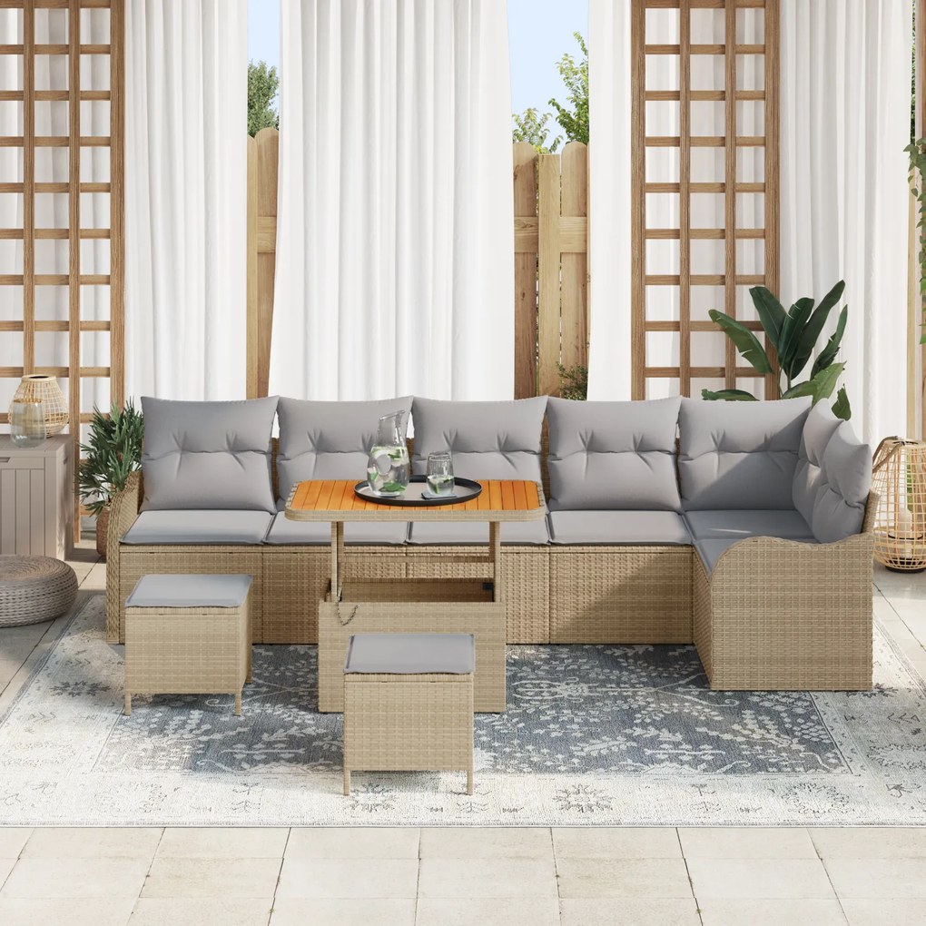 Conjunto de Sofá de Jardim vidaXL 9 Peças com Almofadas Bege Vime Poli