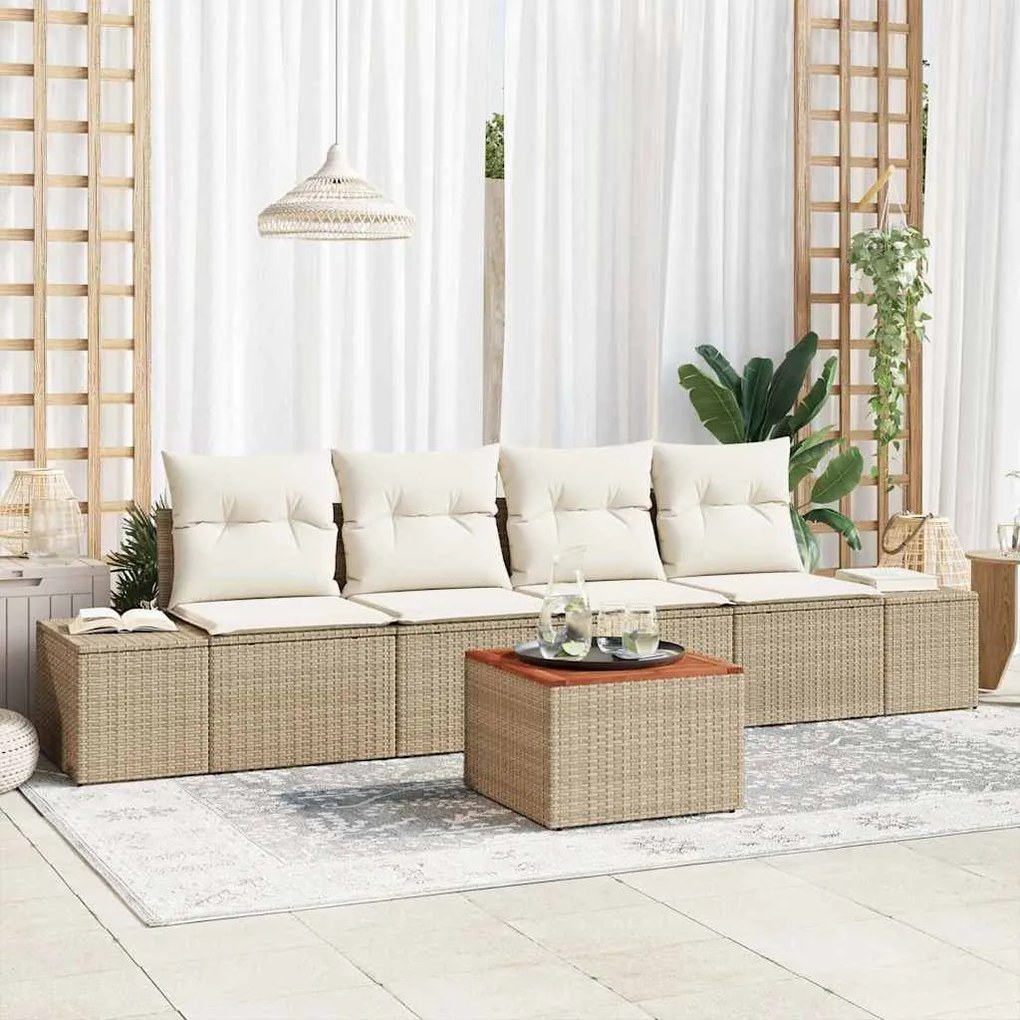 vidaXL Conjunto de sofá de jardim de 5 peças com almofadas bege em rattan sintético acácia