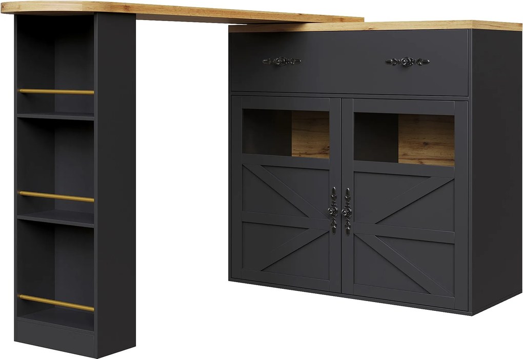 Mesa de bar extensível com arrumação e função giratória 360°, 138-204x39x104 cm, Preto