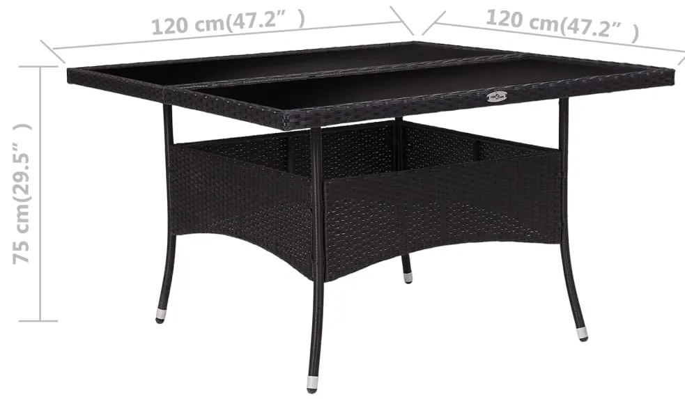 Mesa de jantar para exterior vime PE e vidro preto