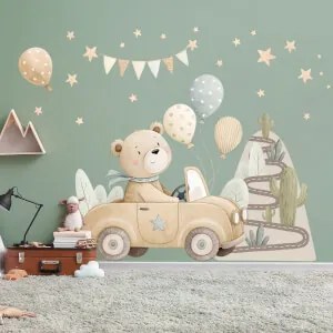 Autocolante de parede para quarto de criança - Urso no carro