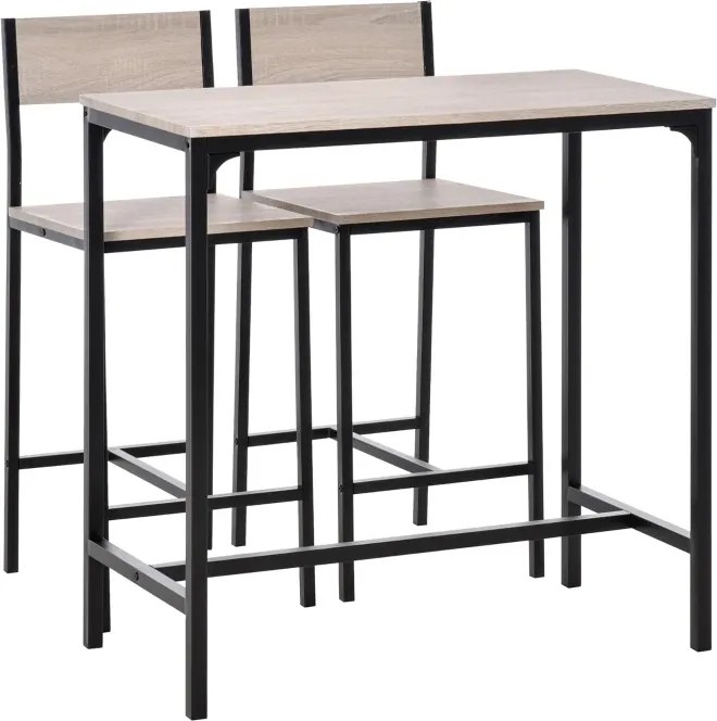Conjunto de Mesa de Bar com 2 Bancos Conjunto de 3 Peças com 2 Bancos com Encosto e Apoio para Pés Design Industrial Madeira e Preto
