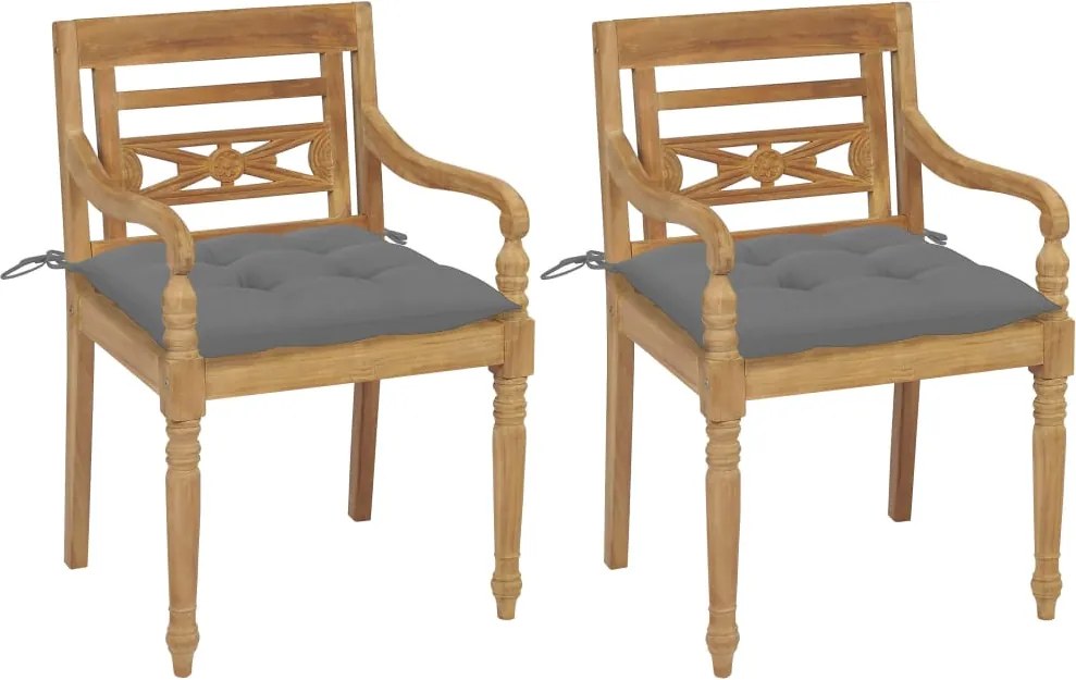 vidaXL Cadeiras Batávia c/ almofadões cinzento 2 pcs teca maciça