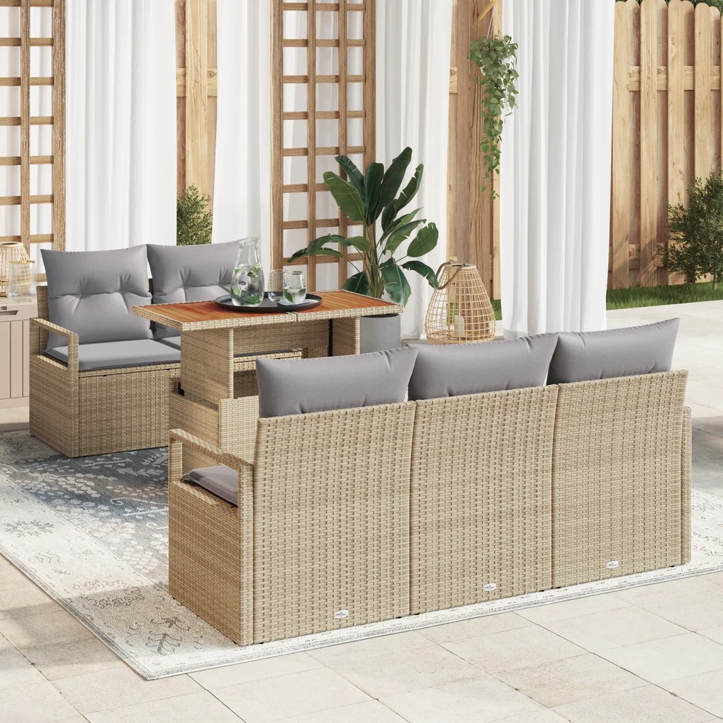 Conjunto de Sofá de Jardim 6 Peças com Almofadas Bege em Vime Poliéste