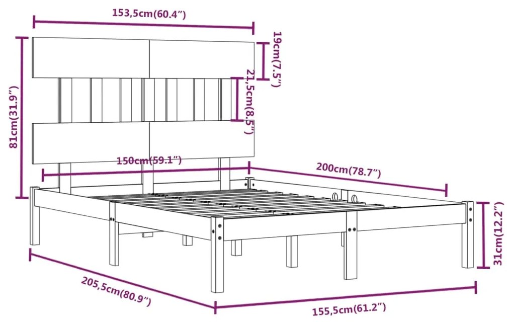 Estrutura de cama king 150x200 cm madeira maciça