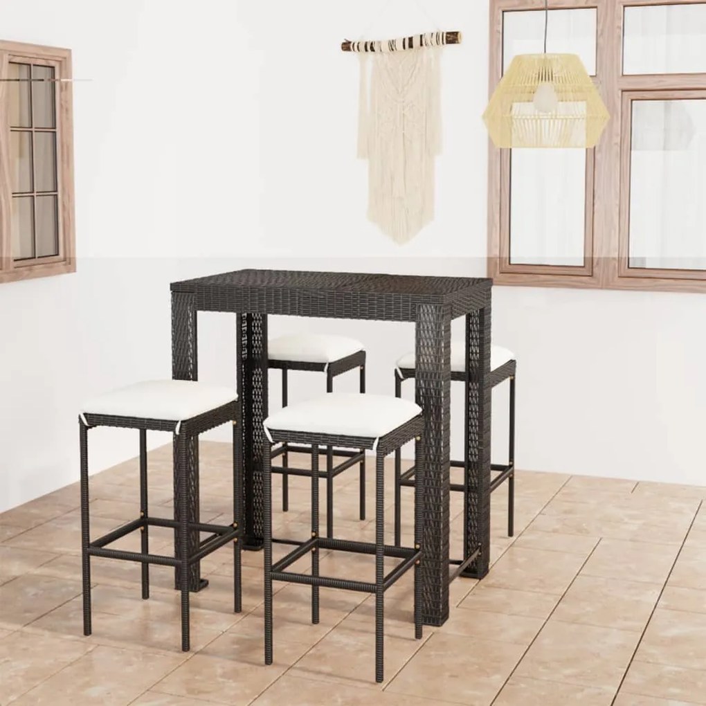 vidaXL 5 pcs conjunto de bar p/ jardim c/ almofadões vime PE preto