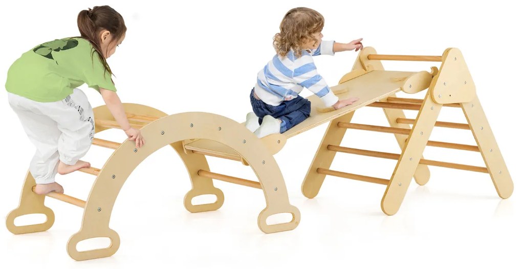 Triângulo de trepar em madeira 4 em 1 para crianças Jogo de trepar com triângulo/arco/alça para deslizar ou trepar Montessori Natural