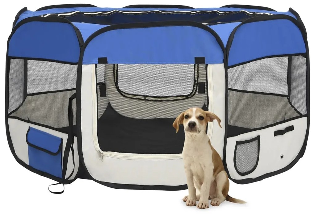 Parque dobrável p/ cão c/ saco de transporte 125x125x61cm azul