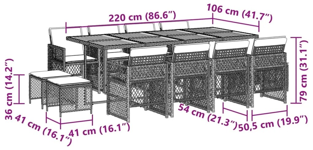 13 pcs conjunto de jantar p/jardim com almofadões vime PE preto