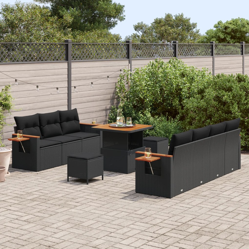 Conjunto de Sofá de Jardim de 10 Peças com Almofadas Preto Rattan Poli