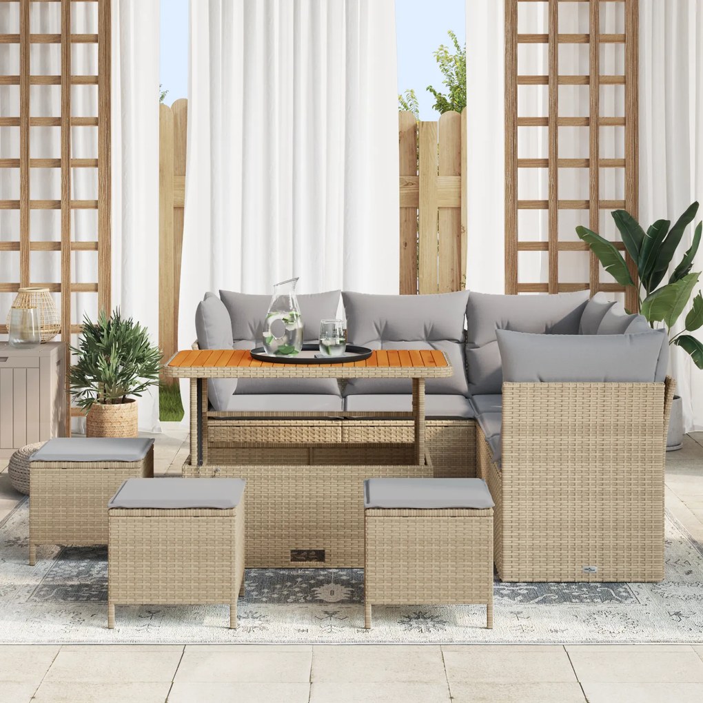 Conjunto de Sofás de Jardim vidaXL de 9 Peças com Almofadas Bege Ratta