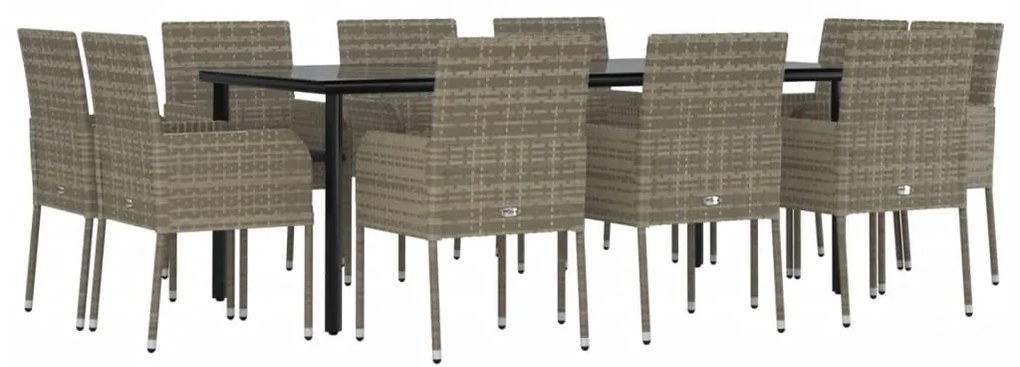 11 pcs conjunto jantar jardim c/ almofadões vime PE preto/cinza