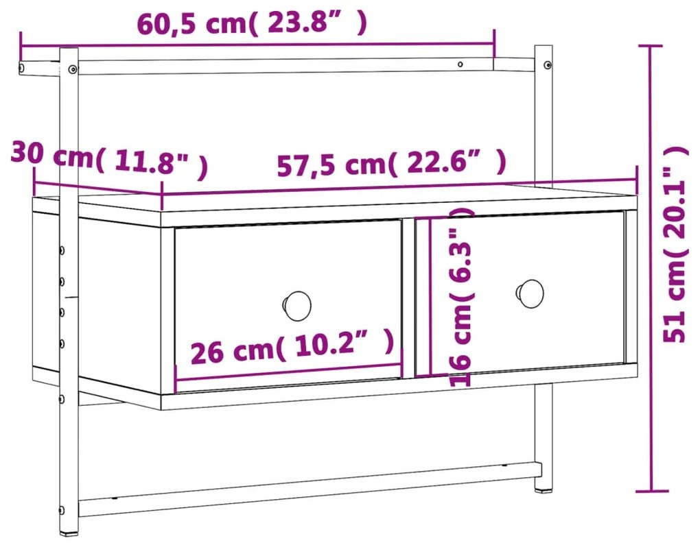 Móvel TV de parede 60,5x30x51 cm deriv. madeira cinzento sonoma