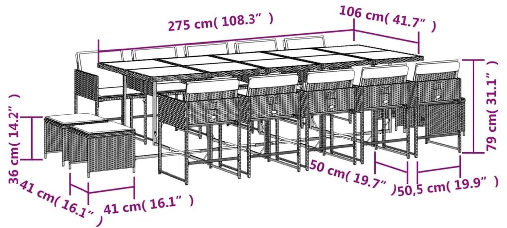 15 pcs conjunto de jantar p/ jardim com almofadões vime PE bege