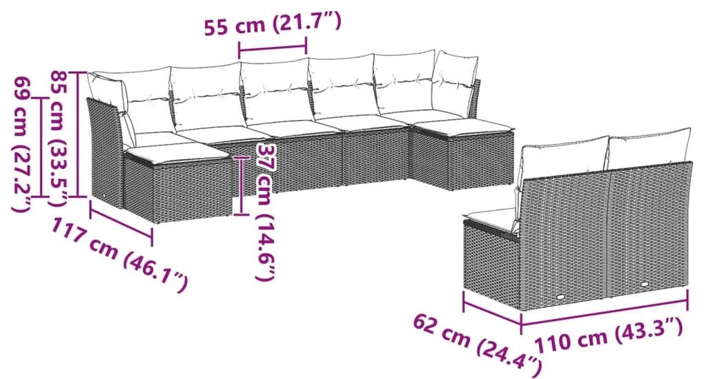 9 pcs conj. sofás jardim com almofadões vime PE cinzento-claro
