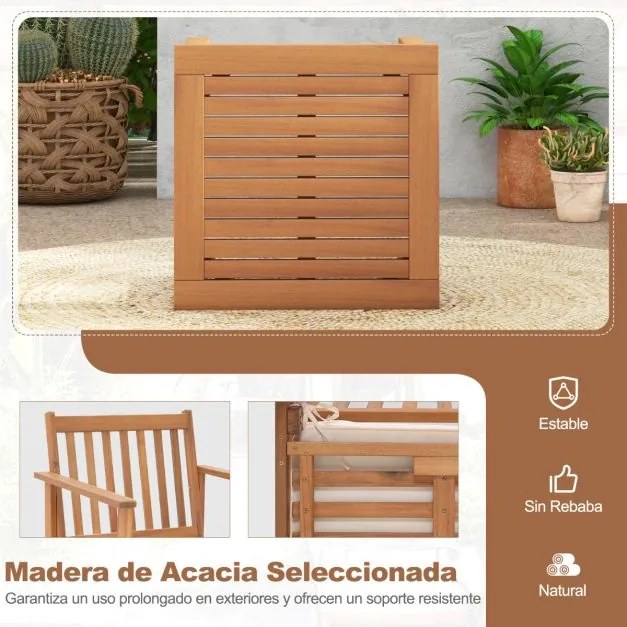 Conjunto de móveis jardim de madeira de 3 peças com cadeiras Mesa de centro de madeira de acácia Almofadas macias para varanda Pátio Pátio Varanda Cas