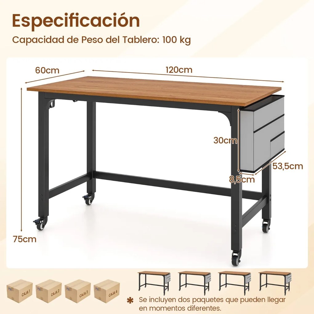 Secretária de computador com rodas Mesa de escritório móvel com ganchos para malas e auscultadores Estrutura metálica compacta para estudo Castanho