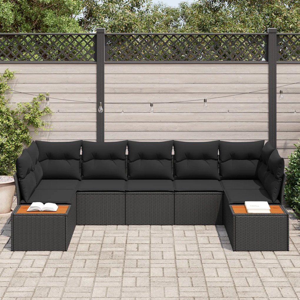 Conjunto de Sofá de Jardim com Almofadas Preto Poly Rattan Acácia
