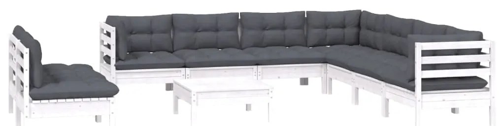 10 pcs conj. lounge de jardim c/ almofadões pinho maciço branco