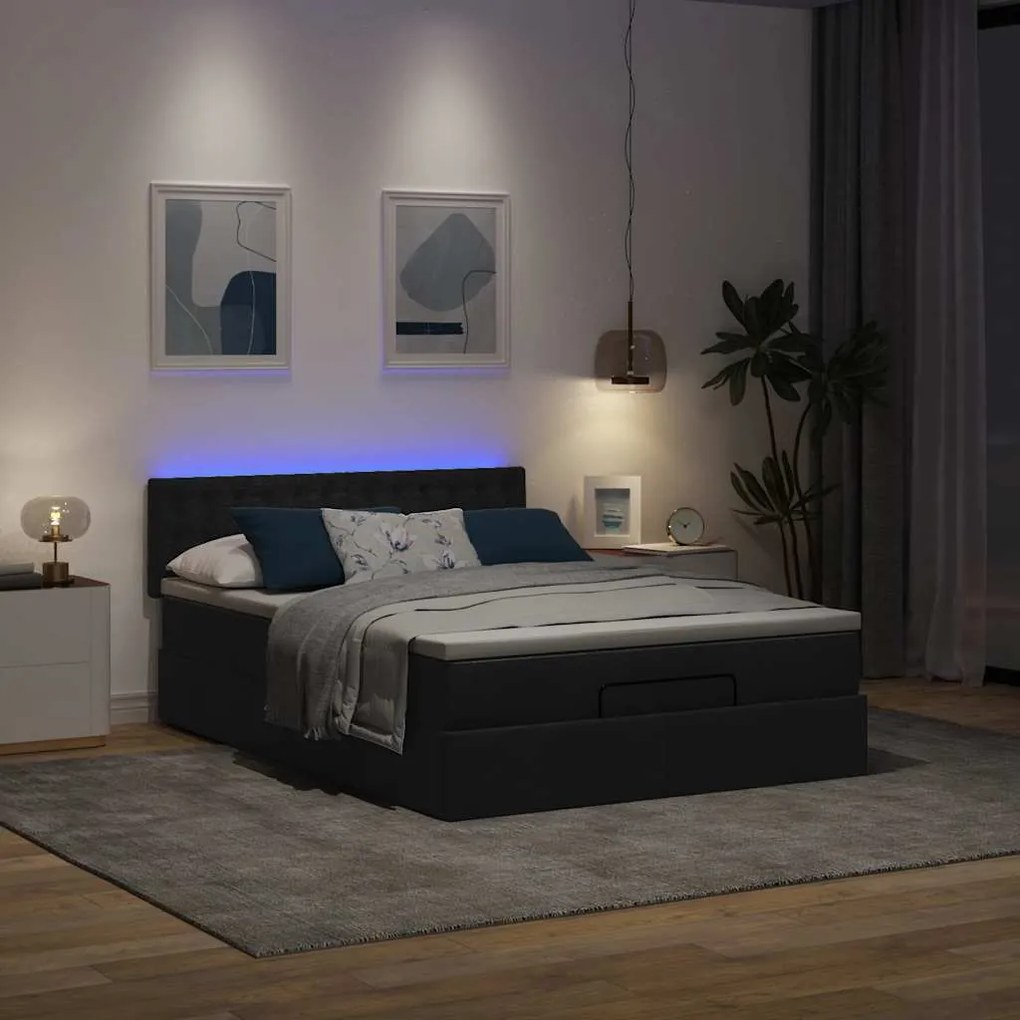 Cama Otomana com Colchão &amp; LEDs Preto 140x200 cm Tecido