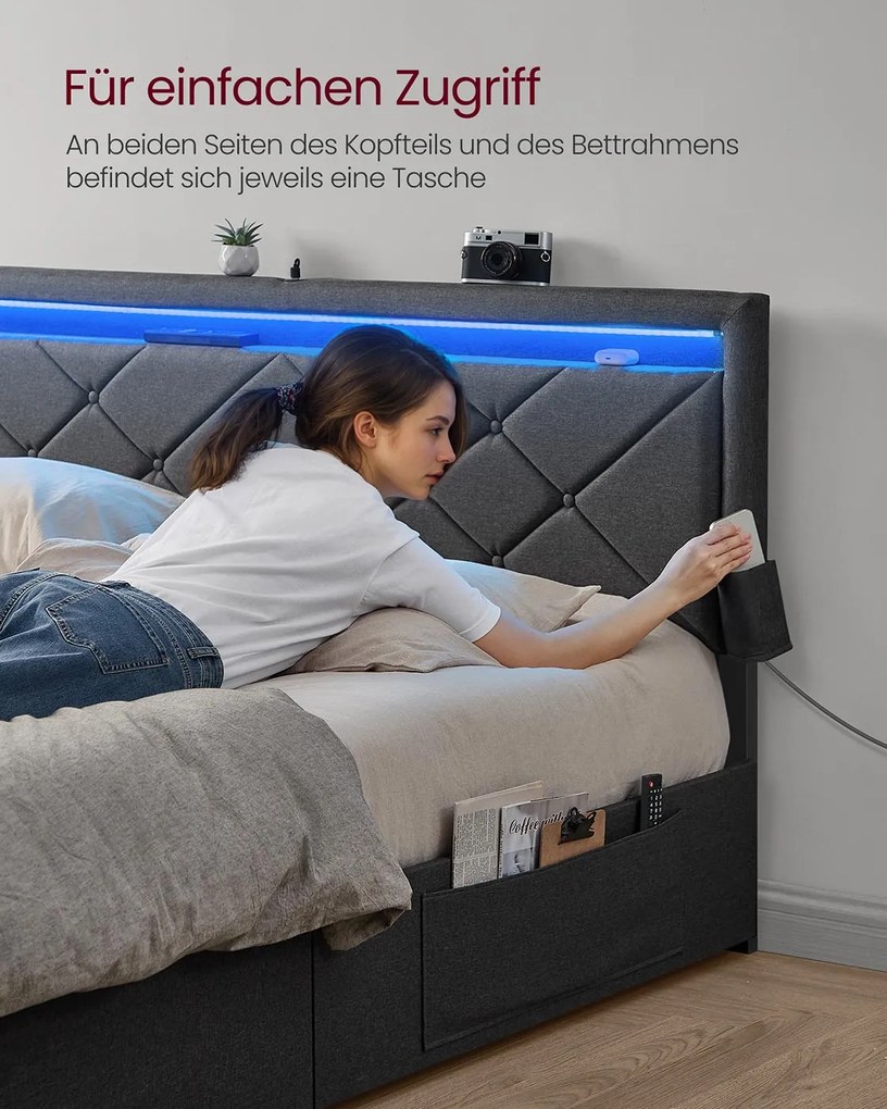 Estrutura de cama de casal para colchão de 140 x 200 cm (COLCHÃO NÃO INCLUIDO) com cabeceira cinza