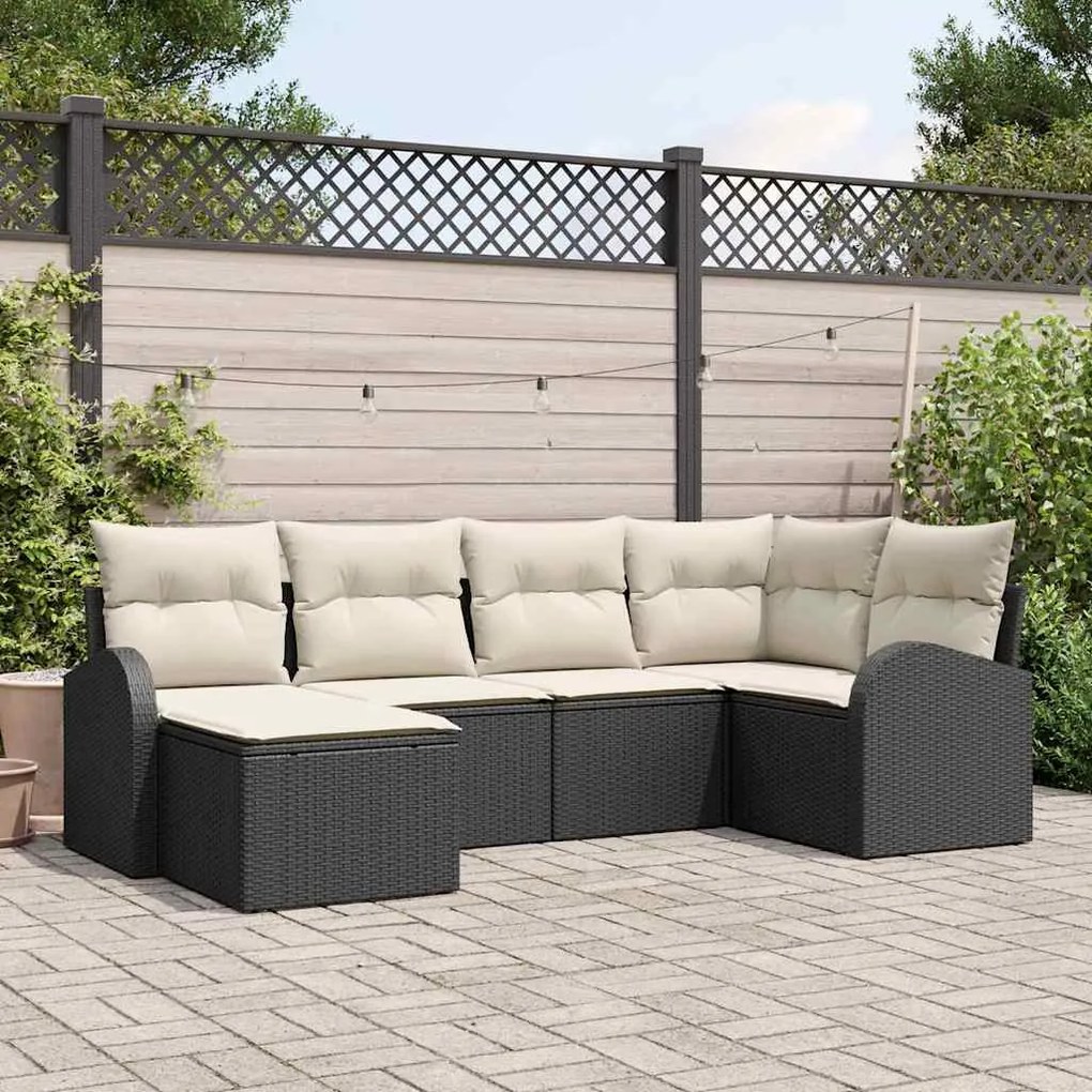 Conjunto de Sofá de Jardim de 6 Peças com Almofadas Preto Rattan Polié