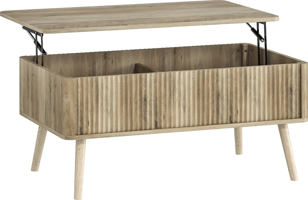 HOMCOM Mesa de Centro Elevatória com Compartimentos Ocultos de Armazenamento e Pés de Pinho 91x56x43 cm Carvalho | Aosom Portugal