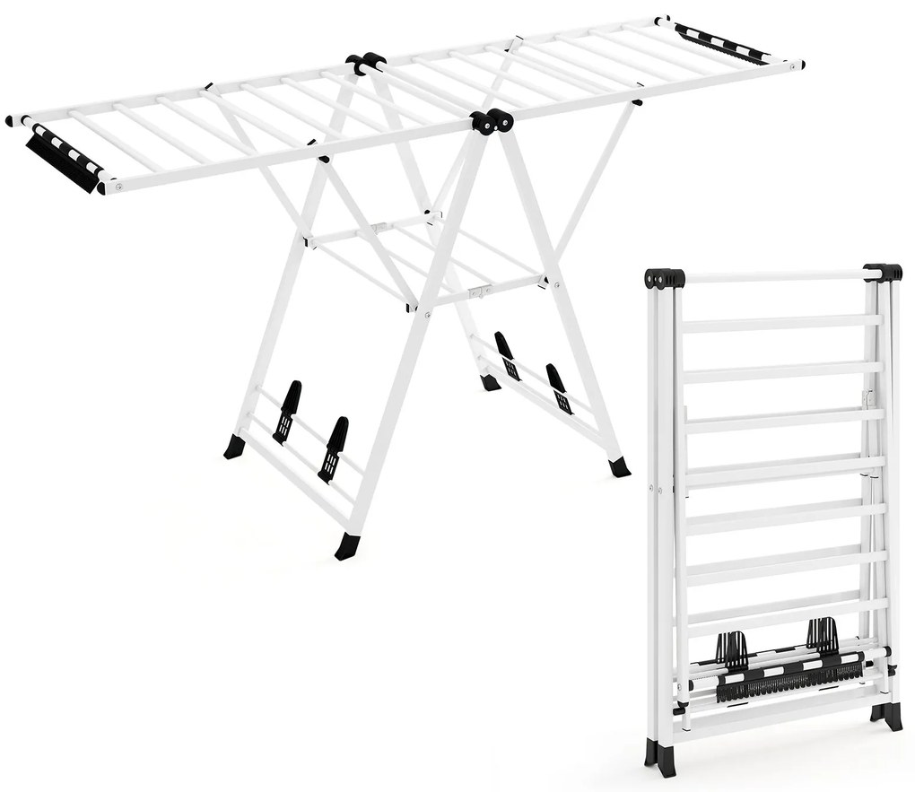 Estendal dobrável com braços ajustáveis 184 x 56 x 99–168 cm, pinças para meias e prateleira para sapatos, secador de roupa Branco