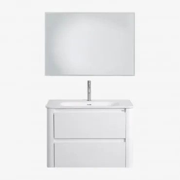 Conjunto De Móvel De Casa De Banho Em Madeira Com Lavatório Integrado Egerton Branco & Led Retangular E Anti-embaciamento 100x70 - Sklum