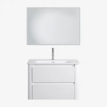 Conjunto De Móvel De Casa De Banho Suspenso Em Madeira Com Lavatório Integrado Egerton Branco & Led Retangular E Anti-embaciamento 100x70 Cm - Sklum