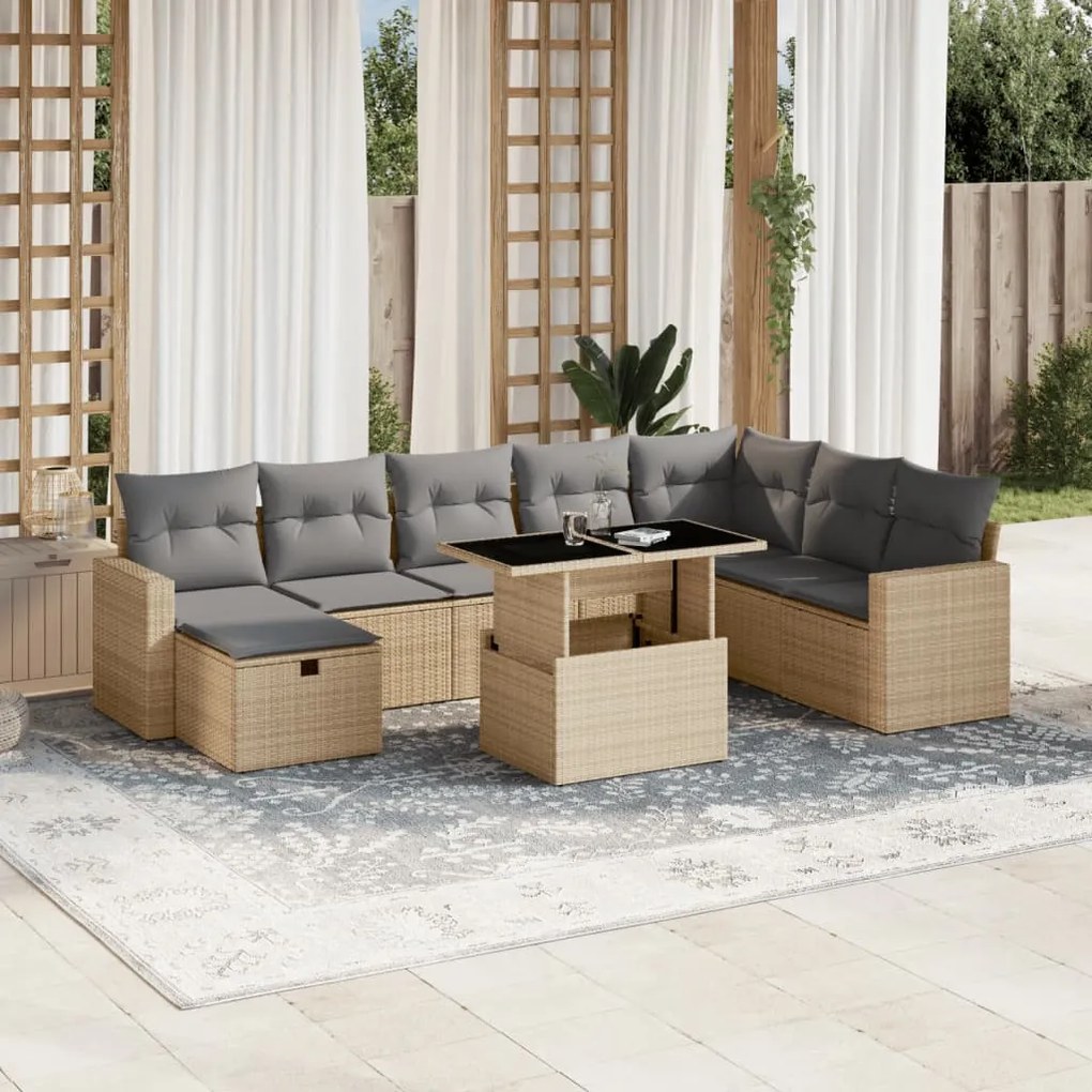 9 pcs conjunto de sofás p/ jardim com almofadões vime PE bege