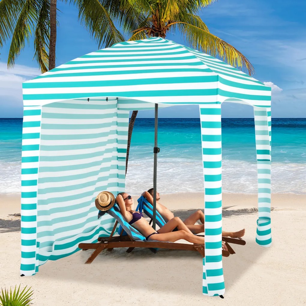 Tenda Guarda-sol de praia portátil com parede lateral amovível Bolsa de transporte 8 sacos de areia Proteção solar Exterior 183 x 183 cm Verde