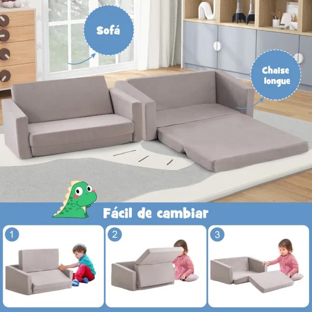 Cadeira infantil conversível 2 em 1 com camada sólida e lavável Sofá-cama duplo para crianças para quarto 77 x 43 x 40 cm Cinzento