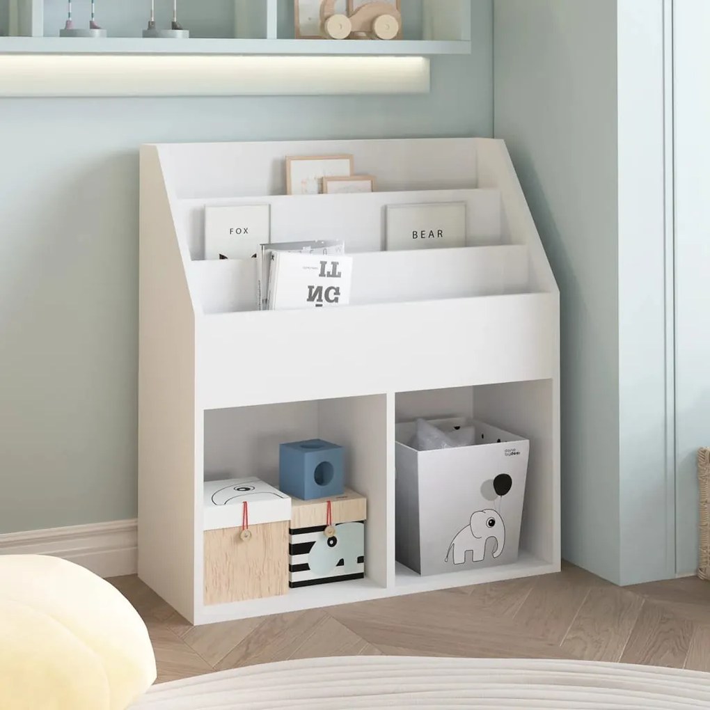 339522 vidaXL Suporte de revistas infantil 71x30x78,5 cm aglomerado branco
