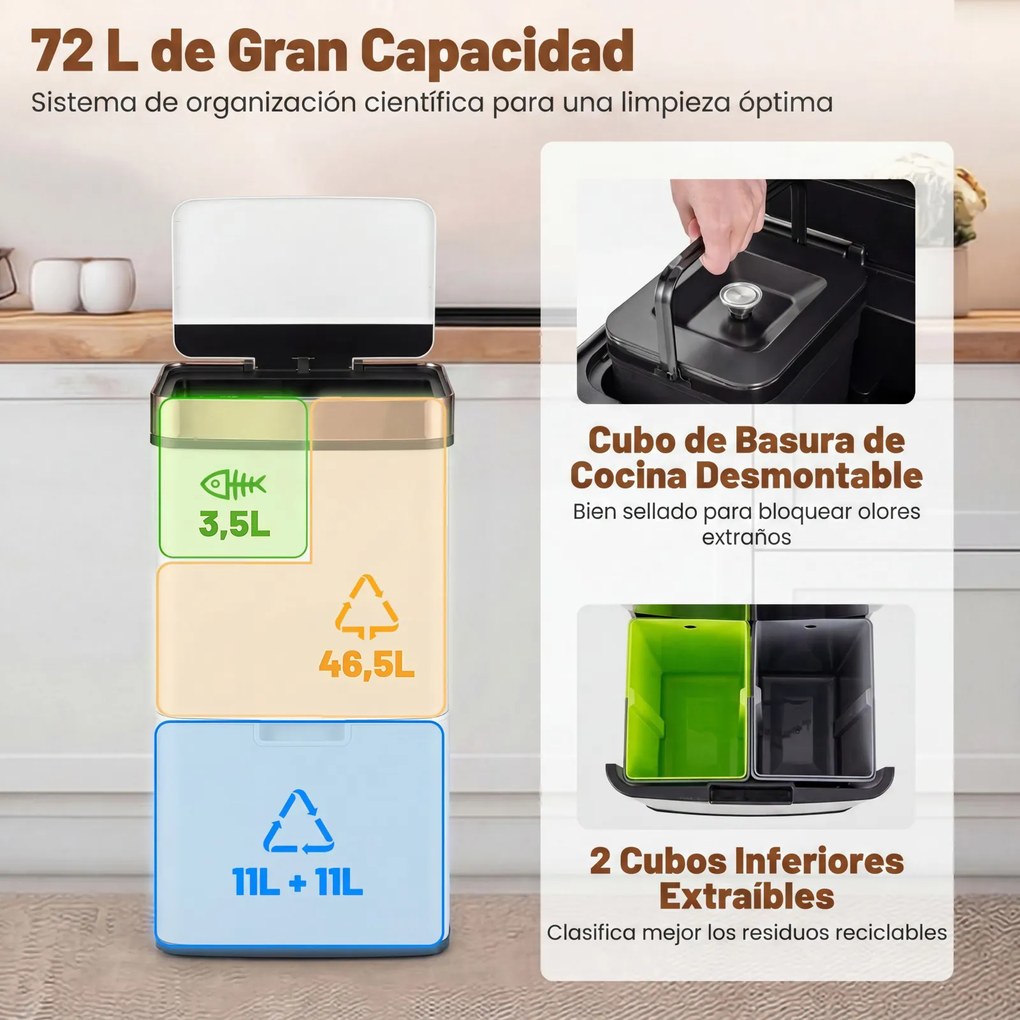Caixote Lixo do Lixo para Cozinha com Sensor de Movimento, 42 x 32-58 x 84-110 cm, Dupla Extração, Branco