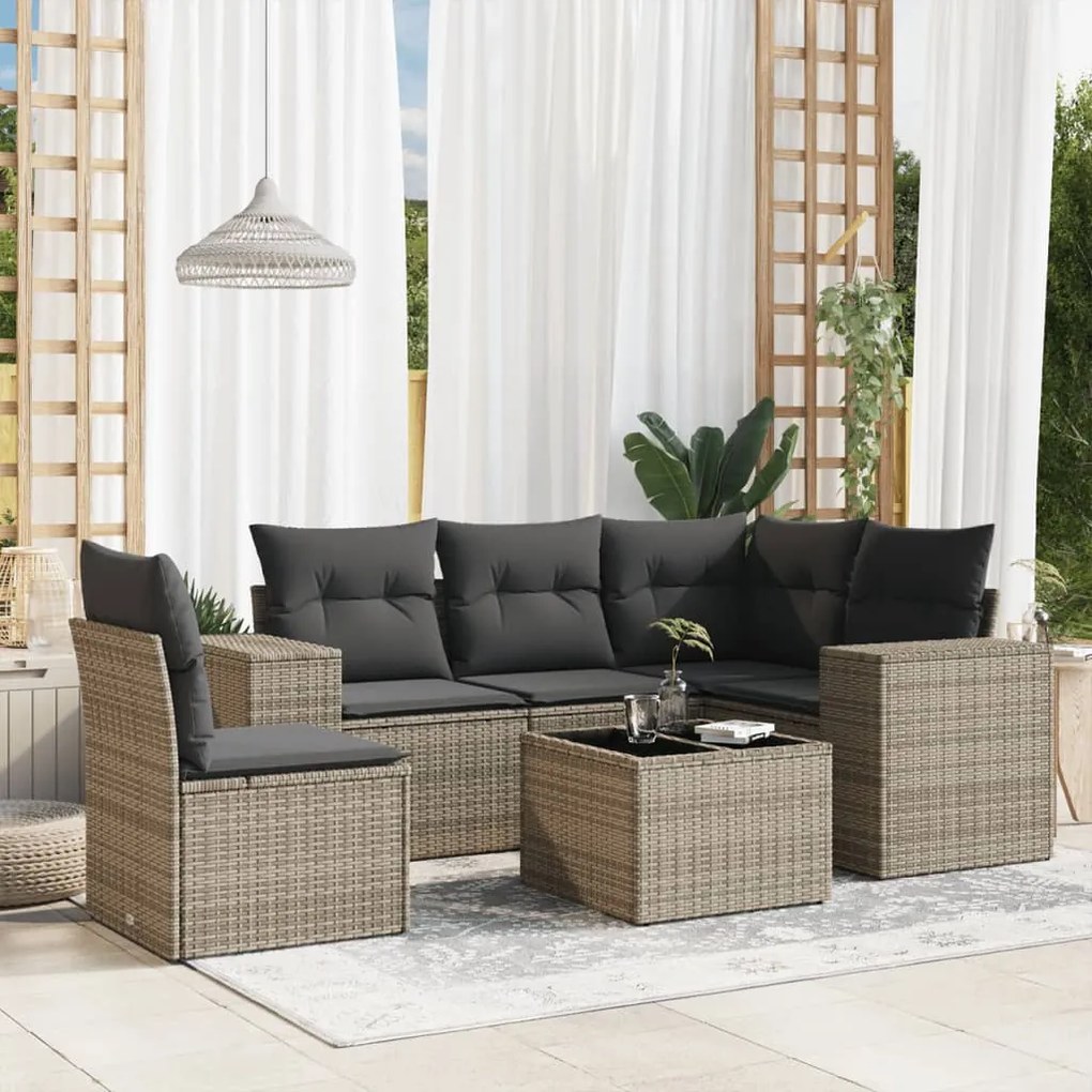 6 pcs conjunto sofás de jardim com almofadões vime cinzento