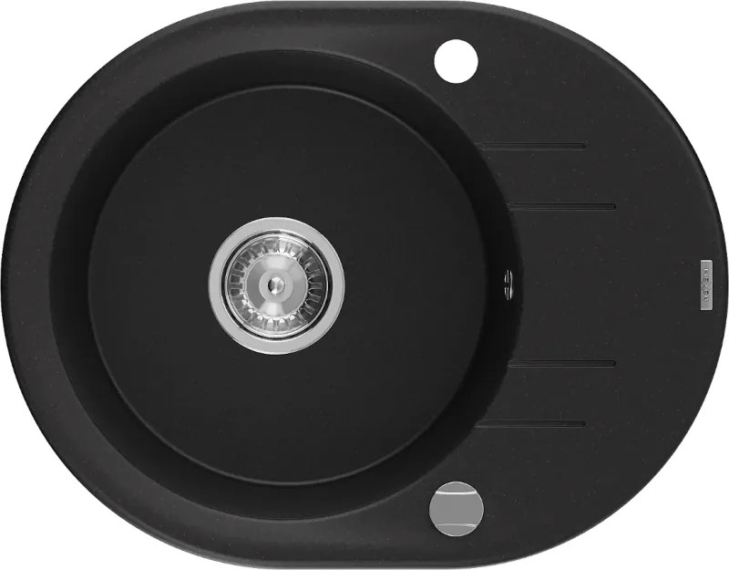 Mexen Kevin lava-louça de granito 1-bacia com escorredor 586 x 458 mm, preto, sifão cromado - 6517581005-77