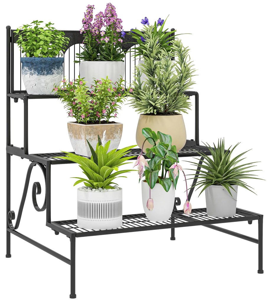 Outsunny Suporte para Plantas de 3 Níveis com Desenho em Escada Suporte para Vasos de Plantas para Interior e Exterior 73x66x85 cm Preto | Aosom Portugal