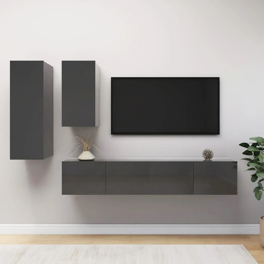 vidaXL 4 pcs conjunto de móveis de TV contraplacado cinzento brilhante
