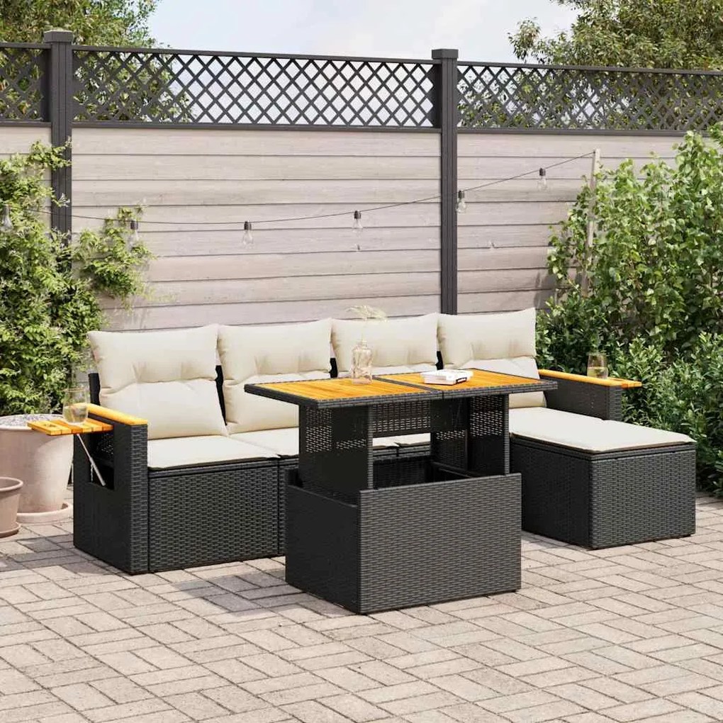 6 pcs conjunto sofás jardim c/ almofadões vime PE/acácia preto