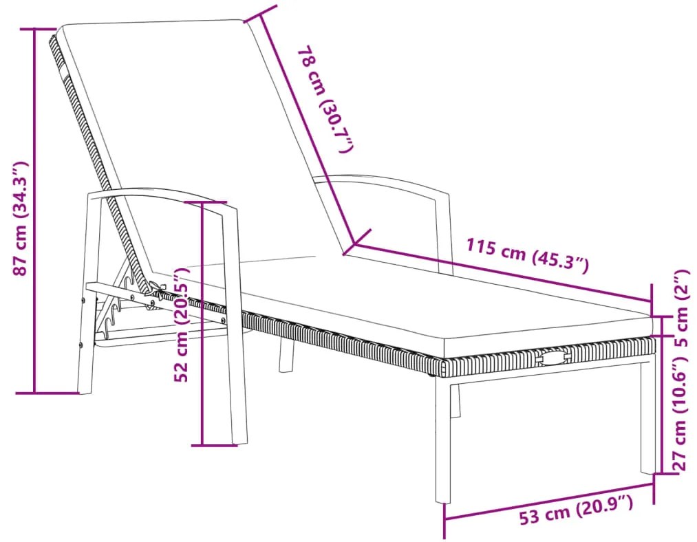 Espreguiçadeiras com mesa 2 pcs vime PE castanho