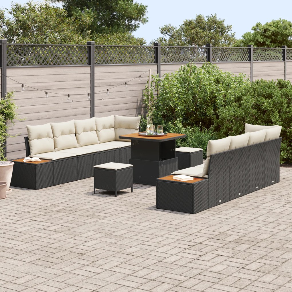 Conjunto de Sofá de Jardim vidaXL com Almofadas Preto Rattan Poliéster