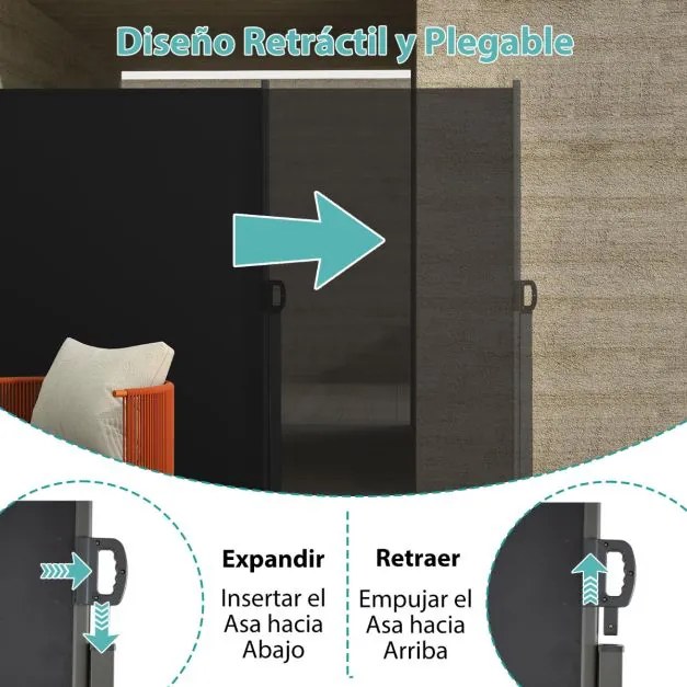 Toldo lateral retrátil para jardim 300 x 180 cm de privacidade para exterior enrolável e dobrável Preto