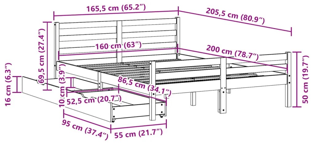 Cama sem colchão 160x200 cm madeira de pinho maciça branco