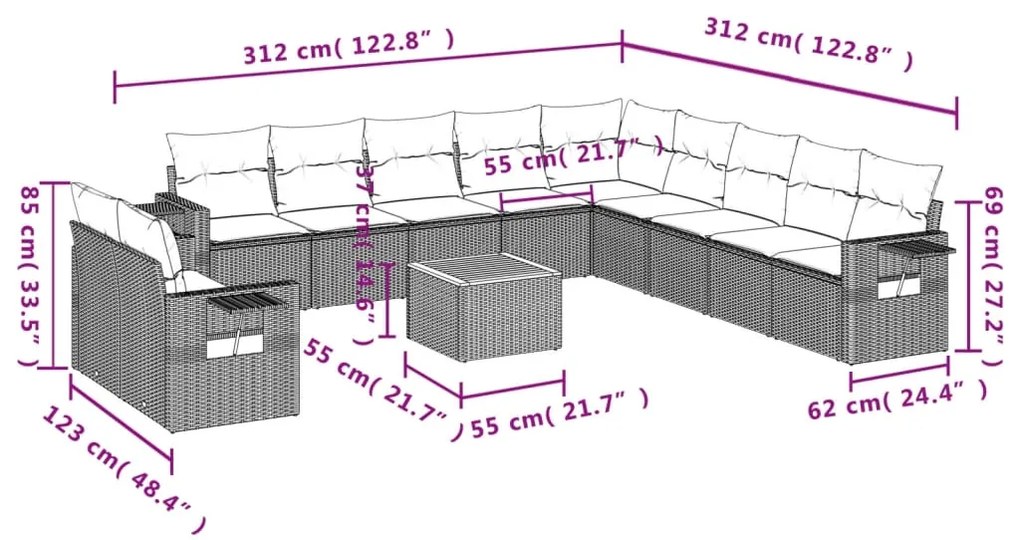 12 pcs conj. sofás jardim c/ almofadões vime PE bege misturado