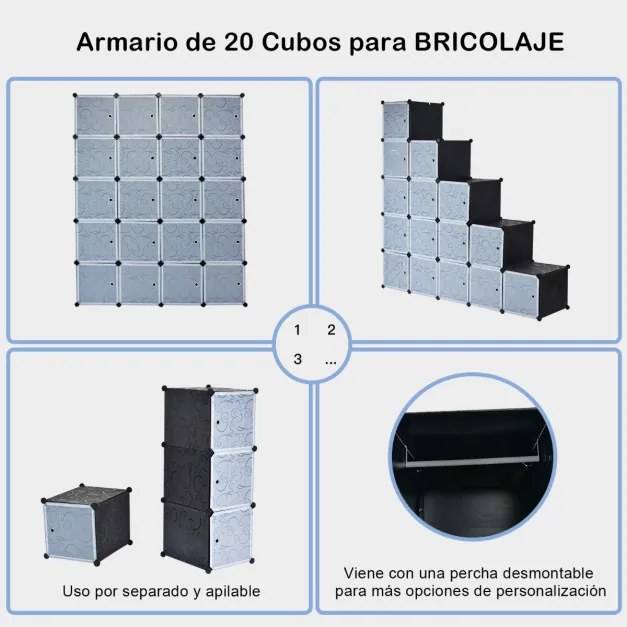 Armário Guarda Roupa Modular com 20 Cubos 35 x 45 x 35 cm Plástico com Portas Fácil de Montar para Sala Quarto