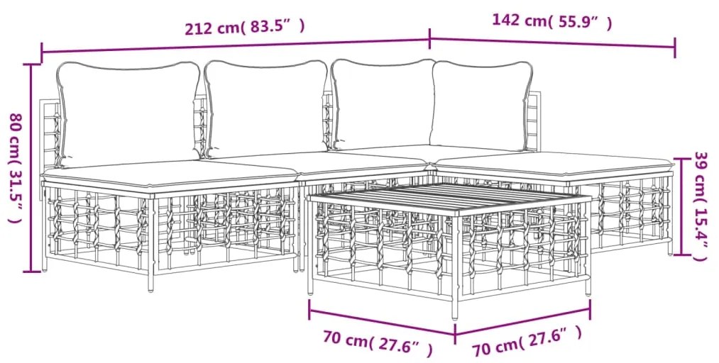 5 pcs conjunto lounge de jardim c/ almofadões vime PE antracite