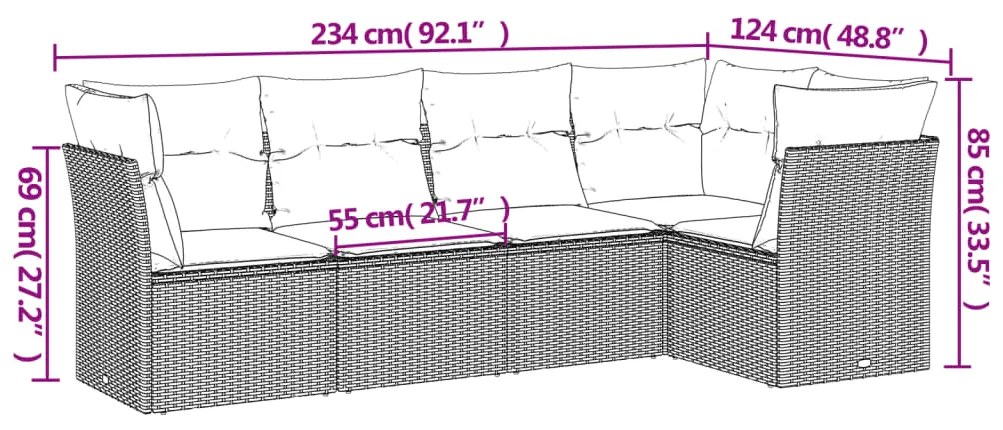 5 pcs conjunto sofás p/ jardim c/ almofadões vime PE castanho