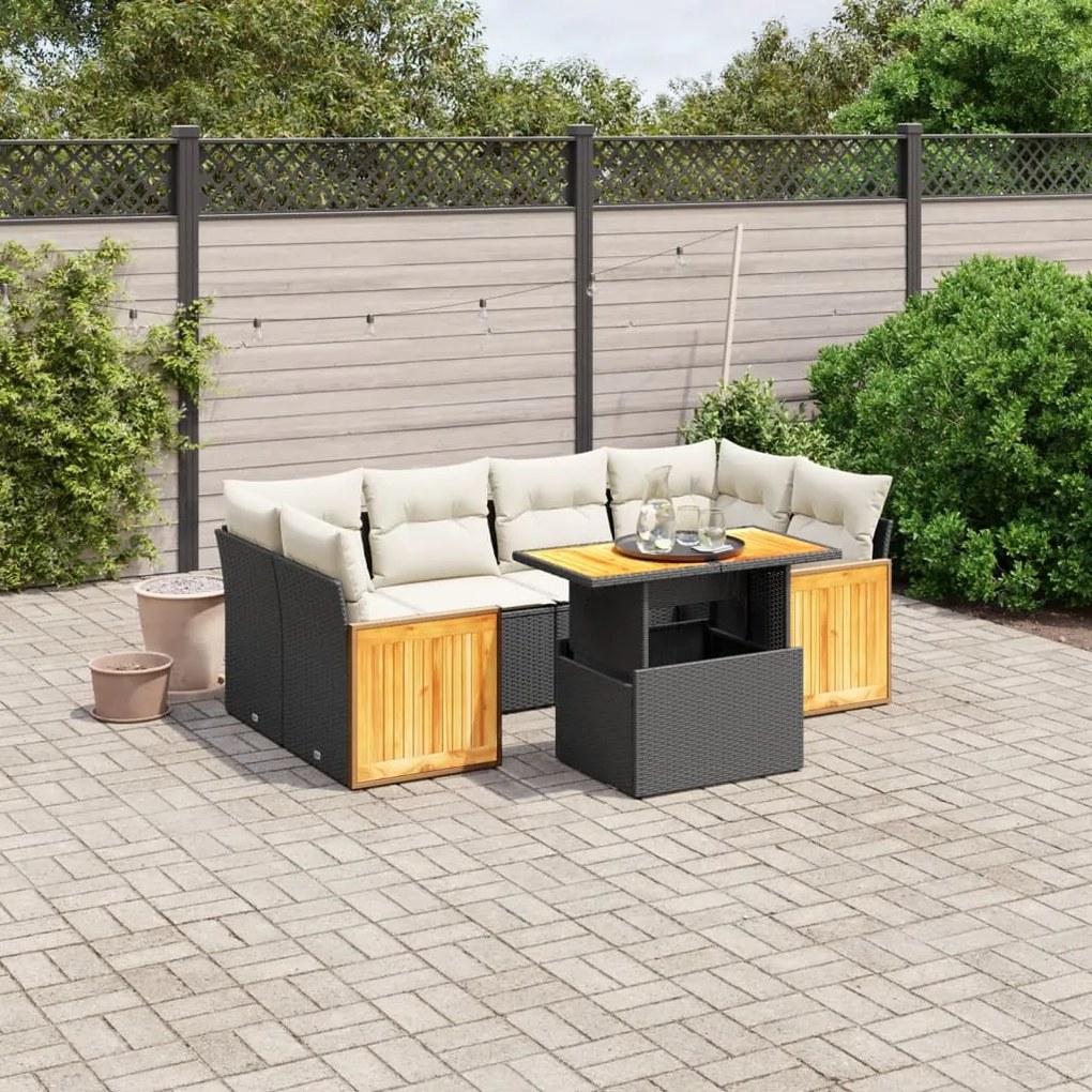 7 pcs conjunto de sofás p/ jardim c/ almofadões vime PE preto