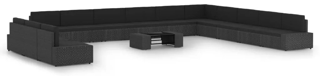 vidaXL 14 pcs conjunto lounge de jardim c/ almofadões vime PE preto
